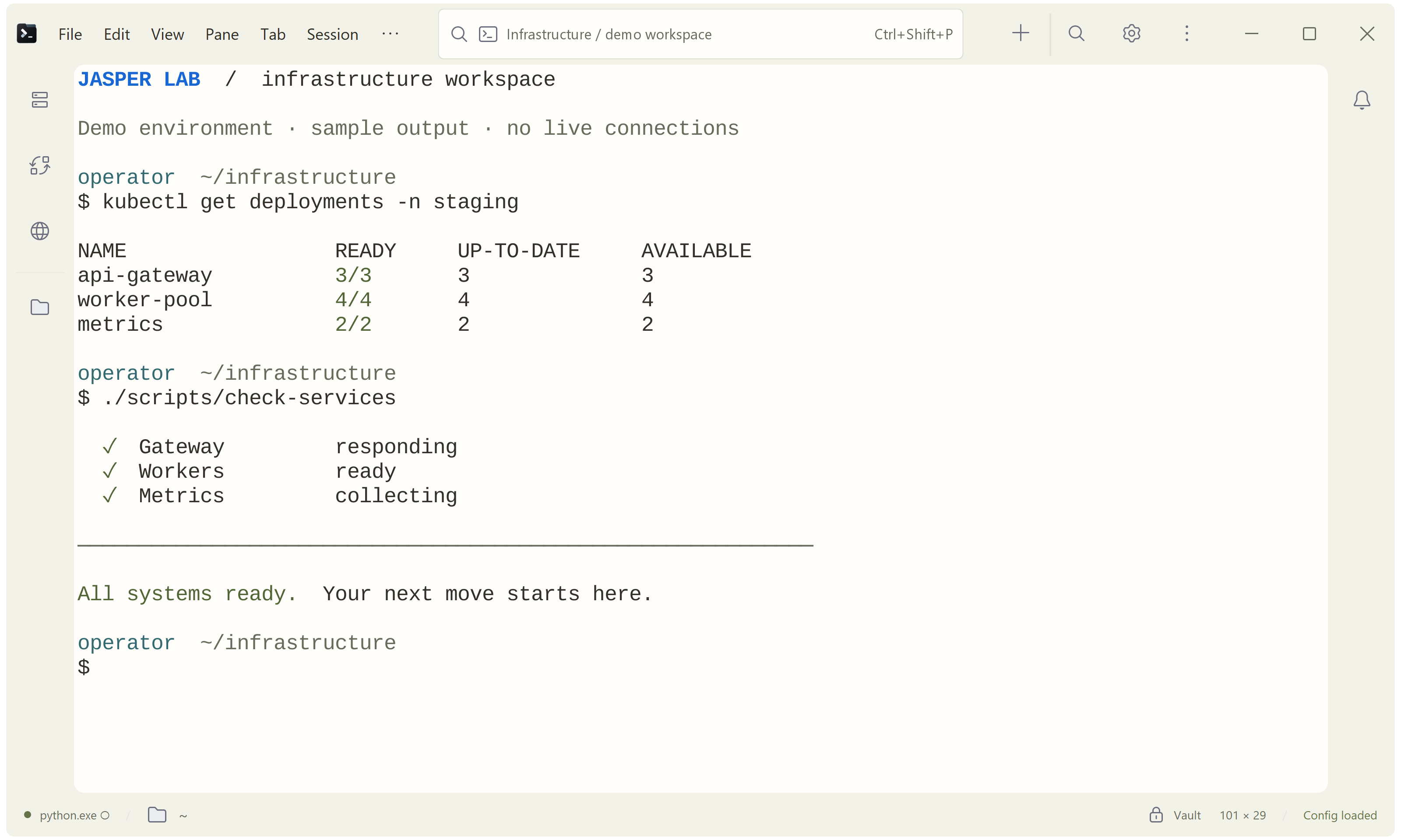 Jasper on Windows 11 using Jasper Meadow Light, showing sample infrastructure commands and output